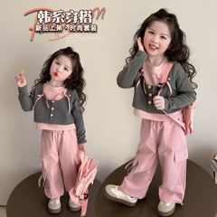 女の子のファッションセット2025春秋の新しい子供の洋気の赤ちゃんの偽の2つの上着のズボンの2つのセット