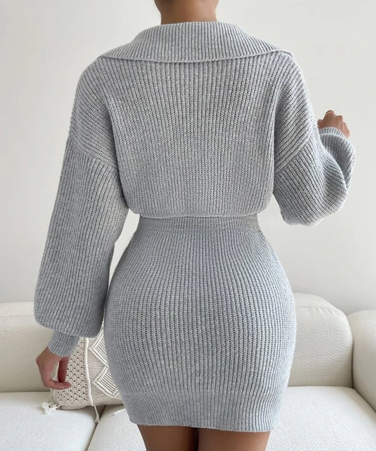 Damenbekleidung Freizeit faul Pendler Stil Revers Laterne Ärmel Strickkleid_voghion.com