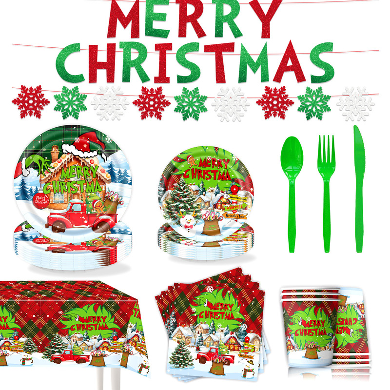 Cross-Border New Products Hot Sale Christmas Grinch Theme Birthday Party Tableware Supplies Atmosphere Decoration Flag Banner
