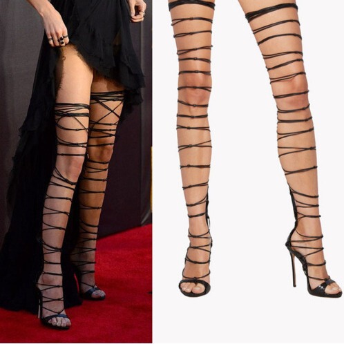 European Station Thin Heel Boots Black Sexy Cross Strap Over the Knee Fashion Show High Heel Sandals Roman Sandals