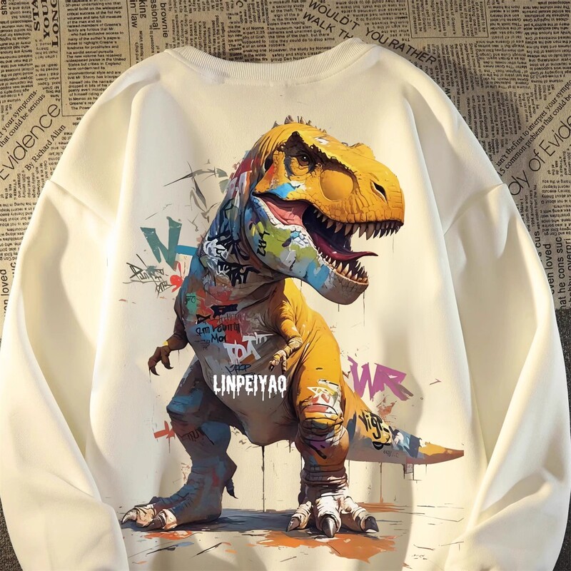 American Street Retro Cartoon Dinosaur Sweatshirt for Men and Women 2025 Spring & Fall High Street Fashion Brand Student Couple Fleece-Lined Jacket