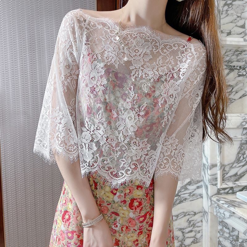 See-through sexy eyelash lace top for women, summer camisole dress with mid-sleeve mesh overlay and thin cover-up top See-through sexy eyelash lace top for women, summer camisole dress with mid-sleeve mesh overlay and thin cover-up top