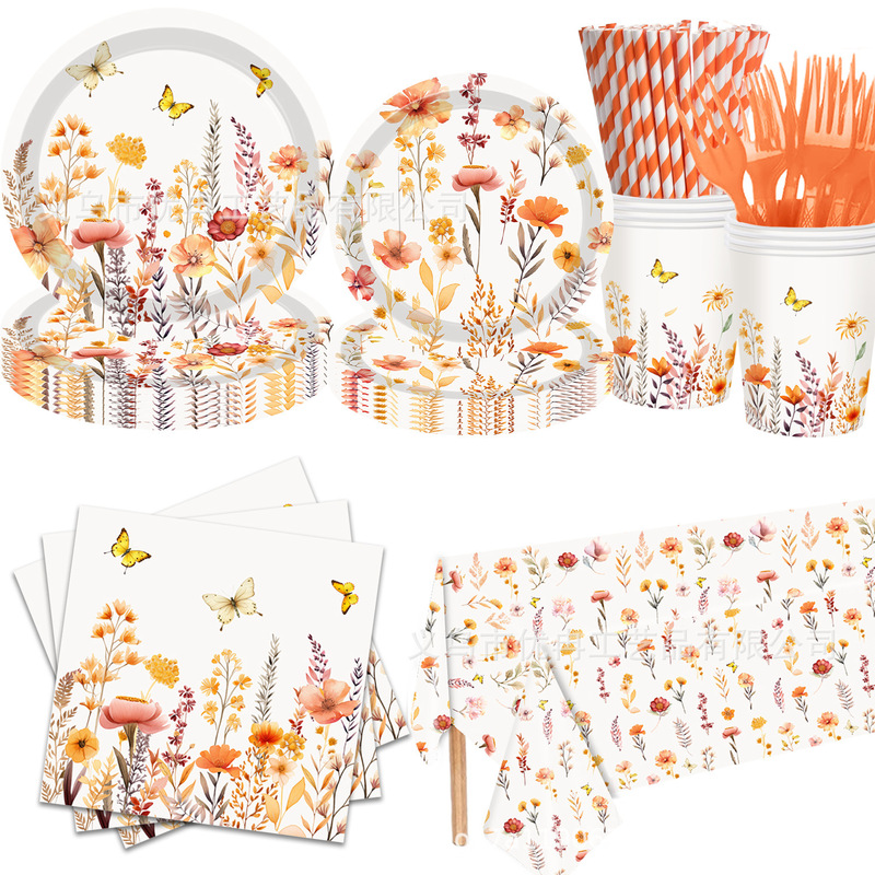 Autumn Thanksgiving Wildflower Floral Theme Disposable Paper Plate Tablecloth Tissue Birthday Party Set Decoration Supplies