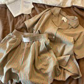 ins复古高级感条纹睡衣女夏季新款短袖短裤家居服大码可出门套装