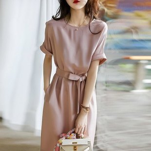 Fashion Casual Waist Fog Powder dress Women's Summer Foreign Trade New French Style High-end Light Luxury Elegant Acetate Satin Dress