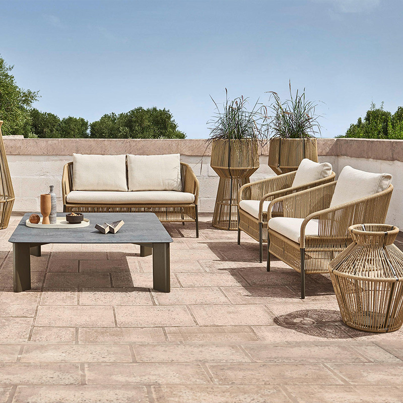 Conjunto de sofás de ratán para exteriores, muebles de jardín resistentes al agua y al sol, muebles de ocio para terraza, sofá y silla de cuerda de cáñamo tejida. image 16