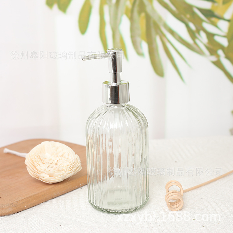 Dispensador de jabón de baño de 400 ml con rayas verticales, botella de repuesto para champú, gel de ducha, botella de vidrio para desinfectante de manos, botella vacía con cabezal de bomba