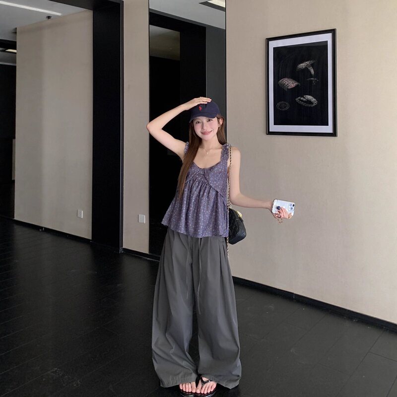 甜美减龄蝴蝶结碎花娃娃衫吊带上衣女夏季高腰系带工装休闲裤套装|undefined