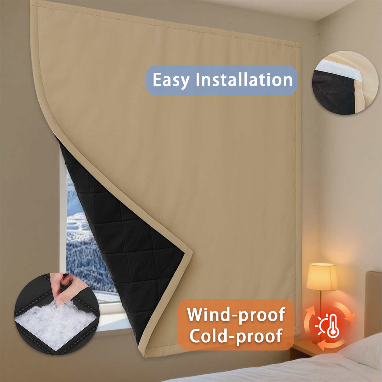 Cross-Border Supply of Pure Color Velcro Cotton Curtains Winter Thickeneded Windproof and Warm Brushed Cloth Self-Adhesive Finished Curtain Cloth