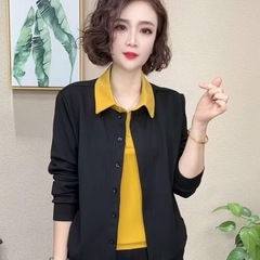 中年妈妈假两件洋气时尚开衫衬衣POLO领休闲气质减龄长袖上衣女装