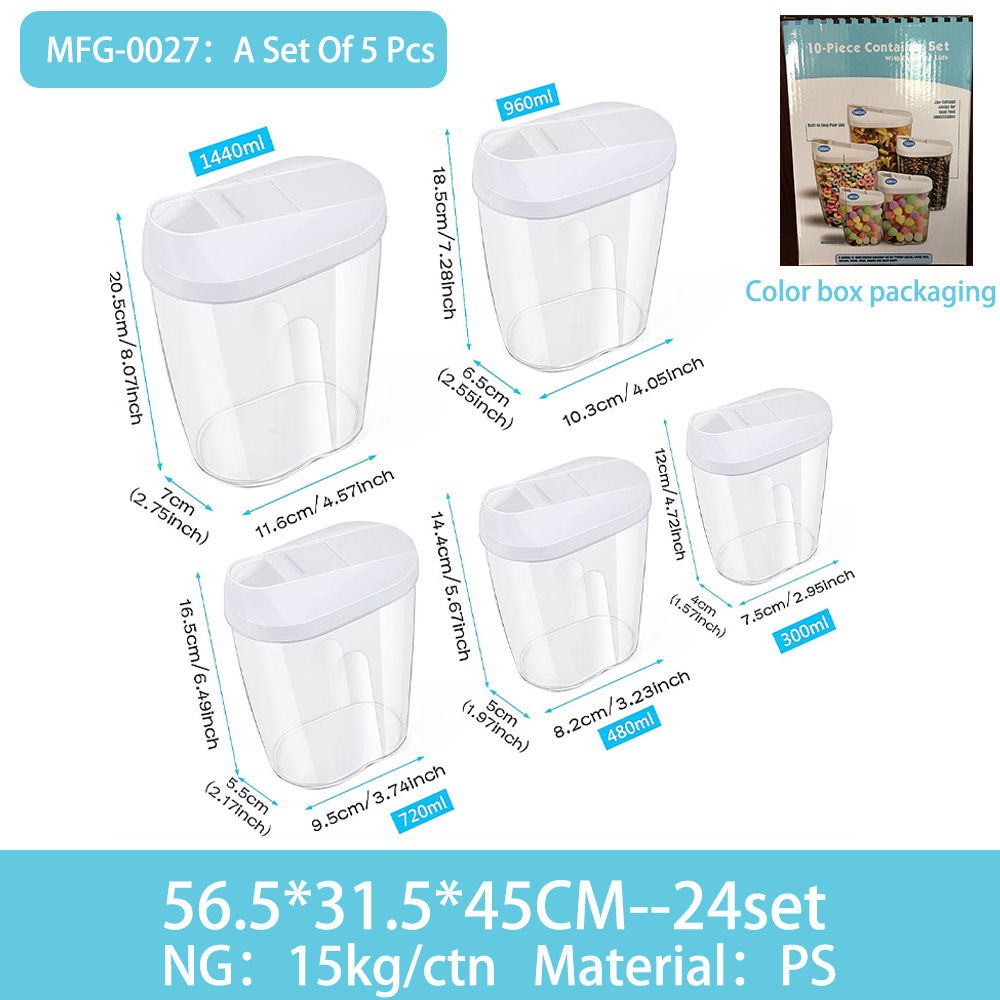 BPAFree Tarro sellado de plástico Juego de 5 piezas Tarro de granos diversos Bocadillos Tarro de café de nueces Caja de almacenamiento de cocina transparente para el hogar