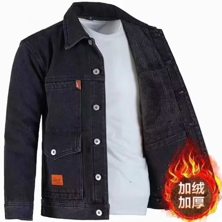 Forrado de lana engrosada abrigo de mezclilla de los hombres caliente resistente al desgaste de la marca de moda casual invierno nuevo más tamaño chaqueta suelta
