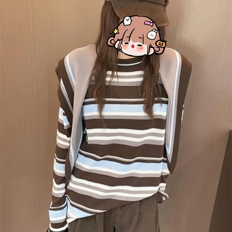 欧洲站秋季新款慵懒风披肩条纹长袖针织衫女显瘦两件套上衣潮|undefined