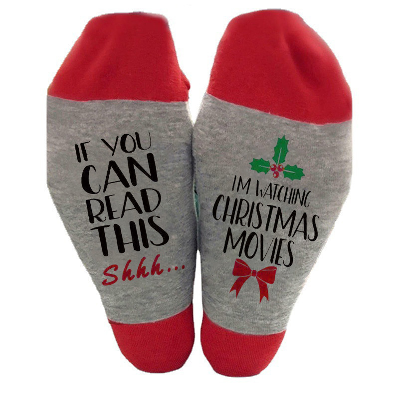 Calcetines navideños con letras de colores en contraste, estampado de muñeco de nieve, calcetines unisex de algodón con elementos navideños para comercio exterior.