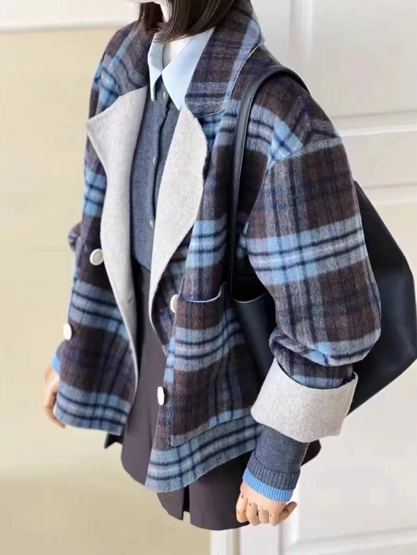 西太后双面呢围巾短款大衣女双面羊绒格子毛呢女外套秋冬格子风|undefined