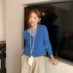 KITTIN 秋季韩系简约风复古手缝刺绣坑条V领长袖针织开衫女G1879