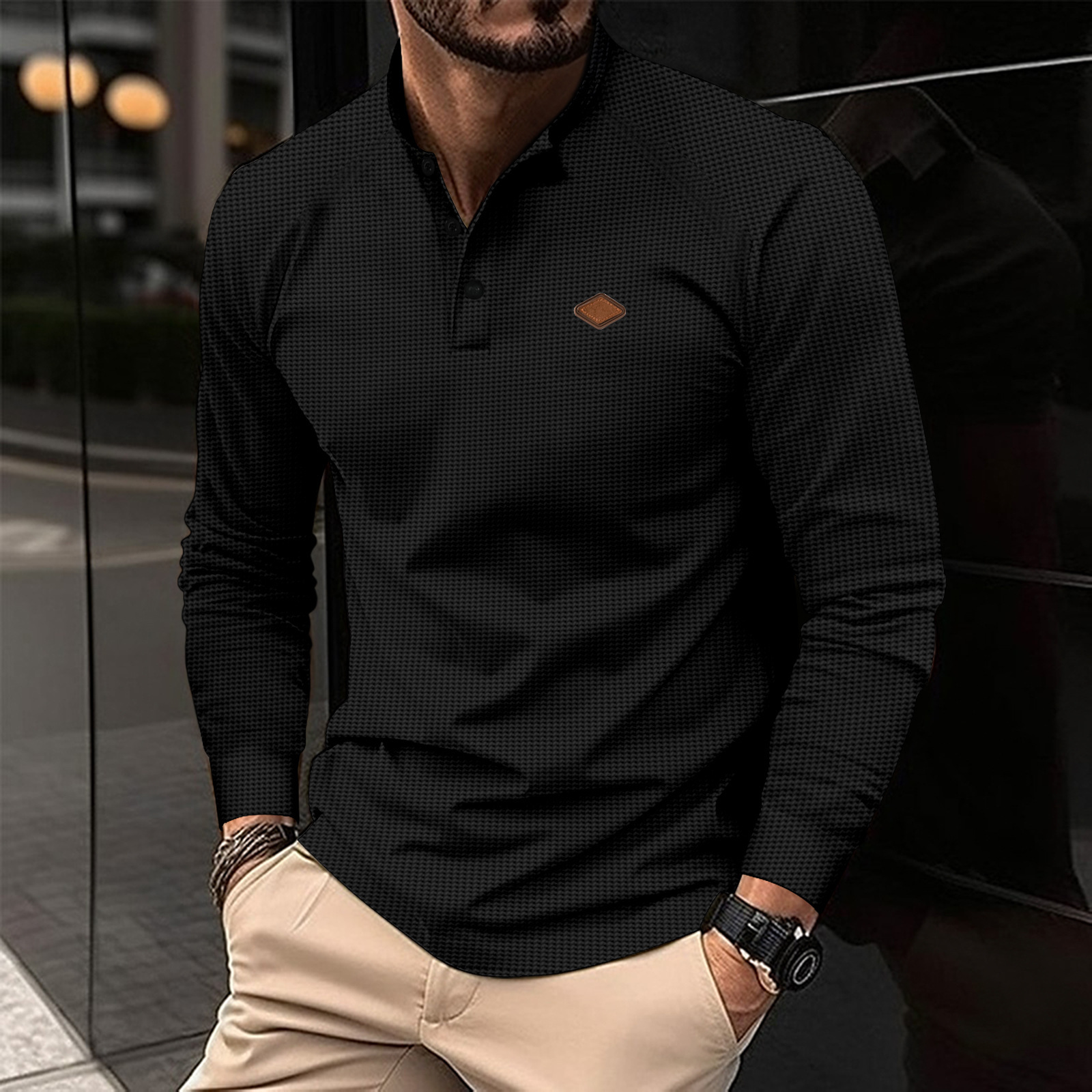 2024 Waffel Herbst/Winter Neue männer Hemd Mit Einfarbig Polo Kragen Langarm Sport_voghion.com