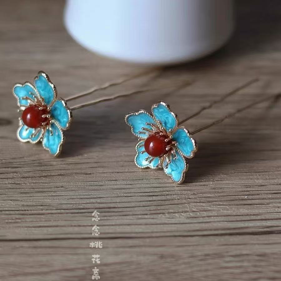 2026夏季超仙绢纱芍药古风流苏汉服蝴蝶头饰新款烫花蓝色发饰套装