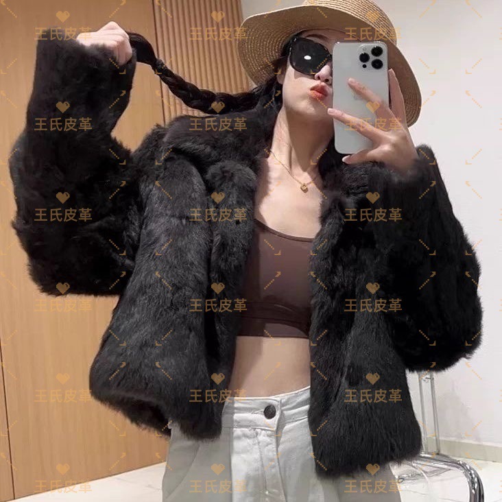 冬季新款仿皮草皮毛一体短款立翻领老钱风咖色仿兔毛皮草外套大衣|undefined