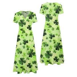 女士情人节爱心连衣裙休闲数码印花图案V领套头短袖收腰连衣裙