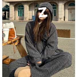 小香风套装2025秋冬新款爆款韩剧女主羊毛条纹外套阔腿裤时尚套装