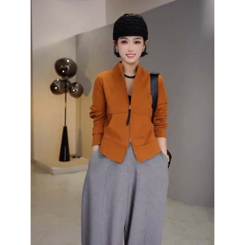 Korean Style Simple Double Zipper Stand Collar Sweatshirt Jacket for Women 2025 Autum New Elegant Casual Versatile Slimming Look Top