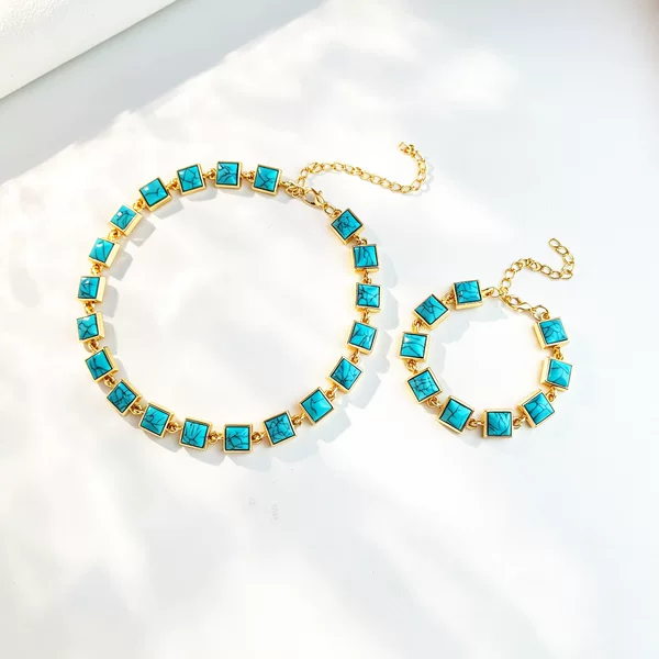 Cross-Border Fashion Imitation Turquoise Necklace and Bracelet Set for Women, Light Luxury, High-End Geometric Clavicle Chain Neck Chain Jewelry