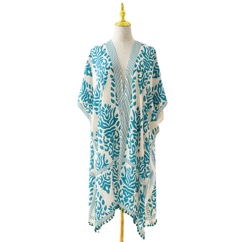 Transfronterizo nuevo europeo y americano playa vacaciones impreso sexy cardigan playa bikini Blusa de gasa de media longitud de protección solar image 6