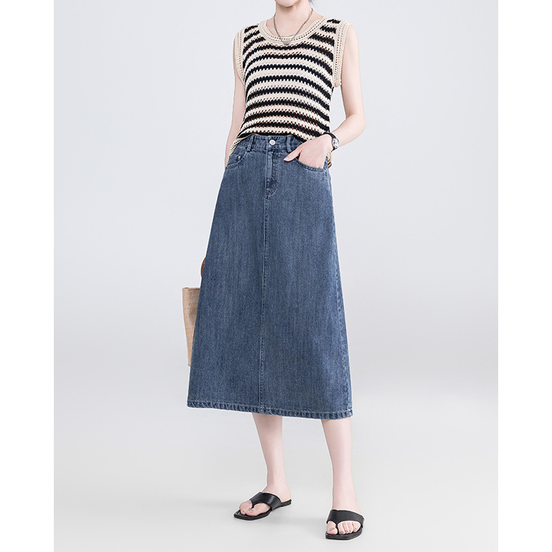 Special Clearance Sale, Sold Out, No Restock. Tencel Cotton Slit Denim Skirt for Women, High-Waisted, Slimming, Mid-Length Denim Skirt