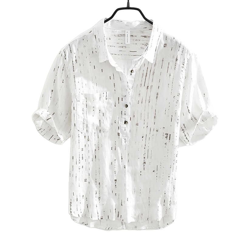 夏メンズリネン半袖Tシャツ、ラペル付きポロシャツ、夏用半袖コットン＆リネンTシャツ、リネントップス|undefined