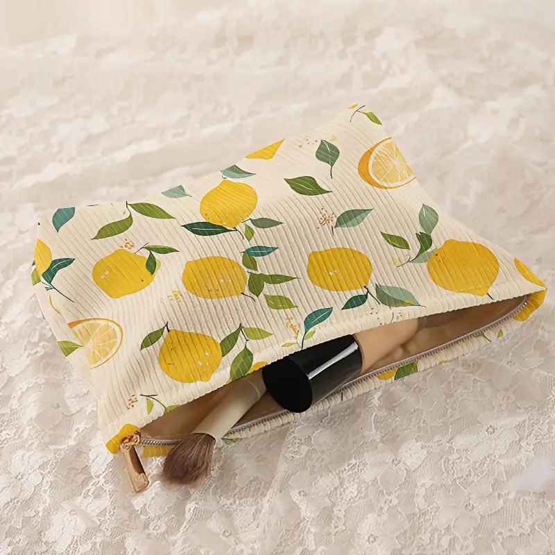 Shein Amazon Temu Colorful Lemon Print Corduroy Zipper Storage Bag Lightweight Cosmetic Bag