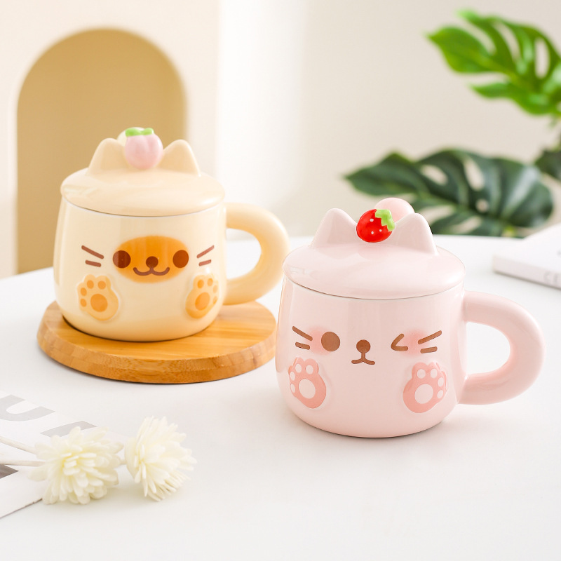 Cute taza de cerámica para gatos, taza de pareja con cuchara de tapa, taza de café, regalo de cumpleaños práctico