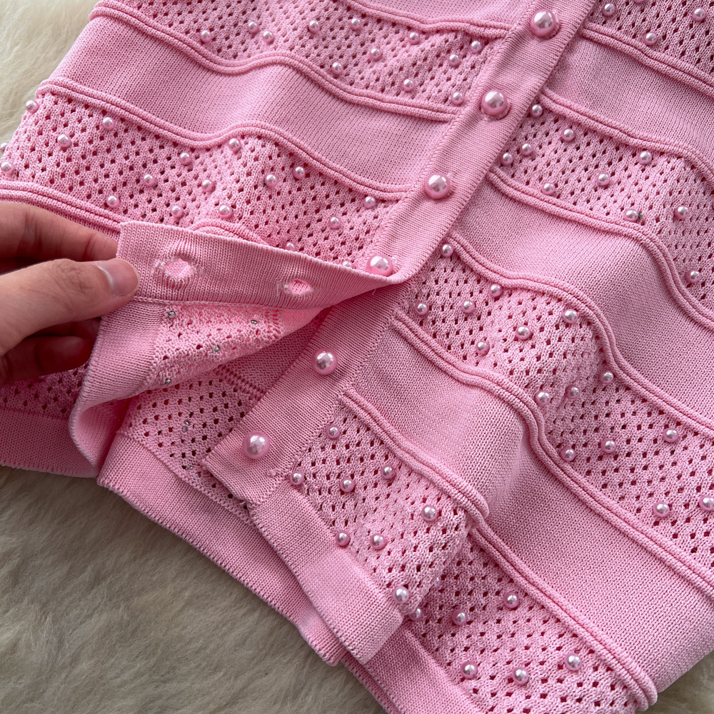 Women's Soft Pink Knit Two Piece Set Slim Fit Waist Cinching Fishtail Skirt Suit for Summer_ecoleips.com