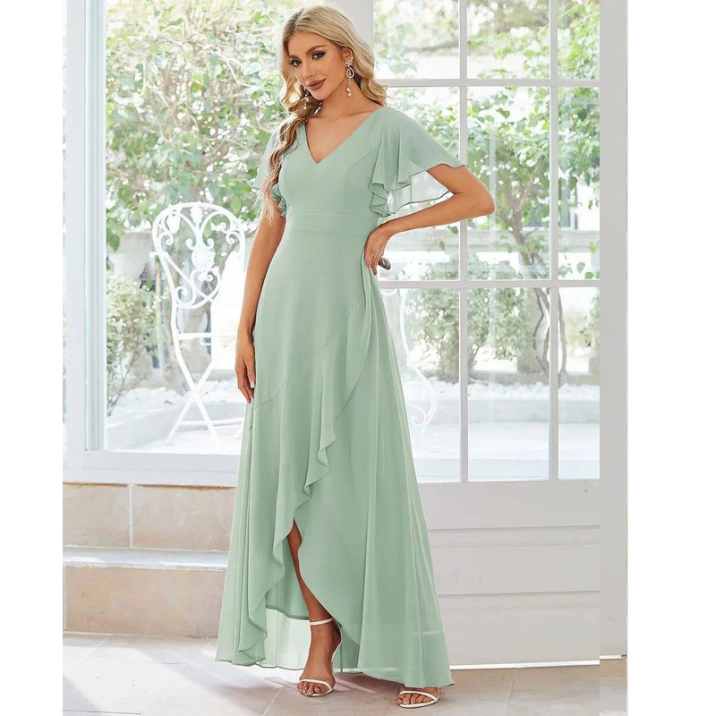 2026 Cross-Border Gentle Style V-Neck Pleated Chiffon Bridesmaid Dress with Ruffled Short Sleeves and Irregular Hem for Parties 2026 Cross-Border Gentle Style V-Neck Pleated Chiffon Bridesmaid Dress with Ruffled Short Sleeves and Irregular Hem for Parties
