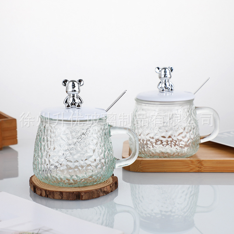 ins風可愛耐熱玻璃水杯女生高顏值小熊玻璃杯帶蓋勺辦公室早餐杯