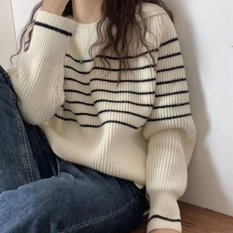 韓国スタイルのレイジーな黒と白のストライプの女性用プルオーバーセーター、秋冬の新しいゆったりとした柔らかいラウンドネックニットセーター、女性用ジャケット|undefined
