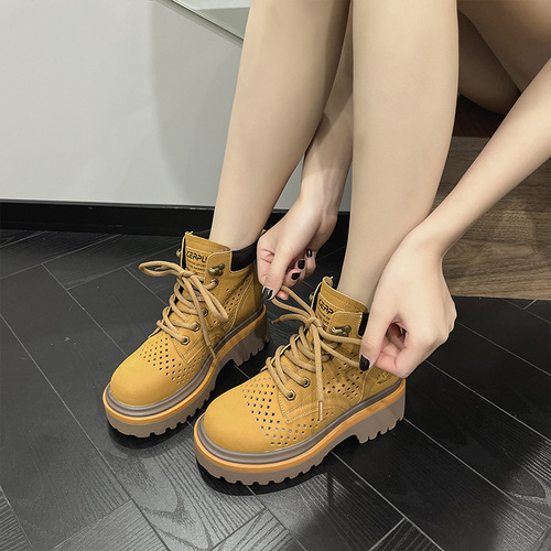 Hollow Rhubarb Boots Women's  Summer Breathable Sandals Genuine Leather Perforated Martin Boots Inner Height Casual Women's Short Boots