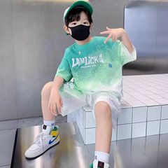夏季新款兒童短袖短褲套裝中小男童漸變色字母印花圓領休閒運動裝