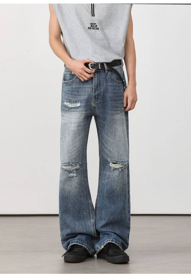 Quần jean nam ống loe nhẹ rách gối phong cách retro, dáng rộng ống suông tôn dáng, quần dài casual — Xanh nhạt, Xanh đậm chi tiết 18