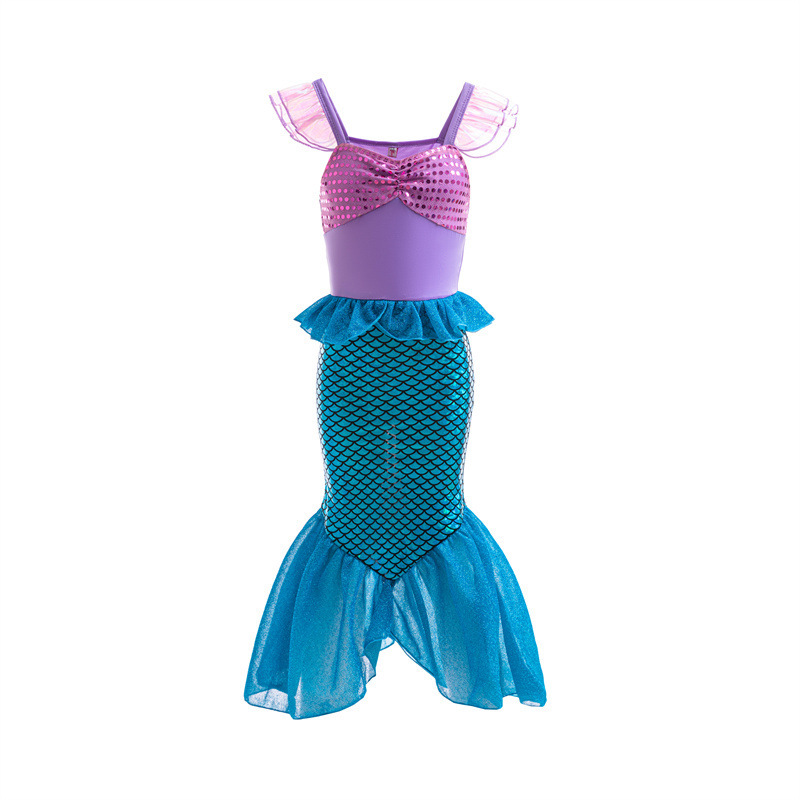 Girls' Mermaid Small Flying Sleeve Sequin dress Children's Baby's Western Style Sleeveless Princess Dress Baby's Fish Tail Long Dress