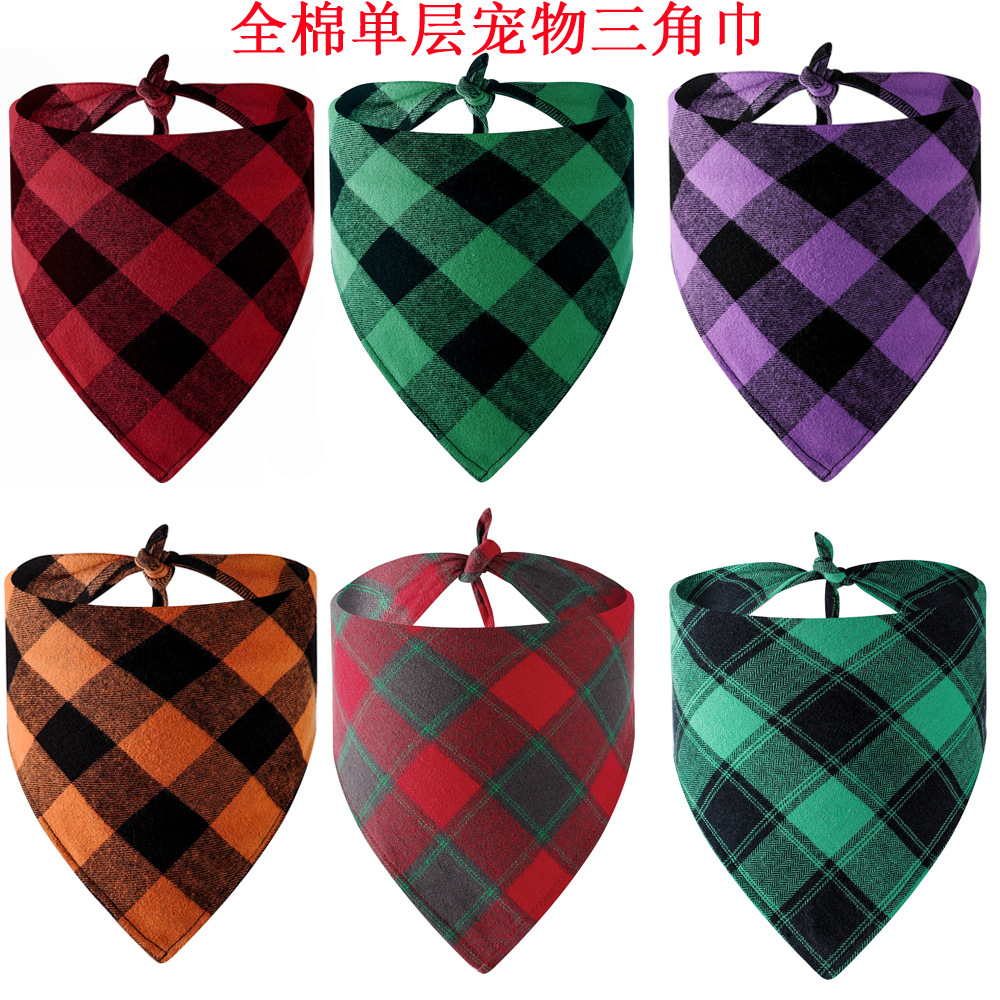 Nuevo algodón Navidad Plaid perro saliva toalla sola capa triángulo toalla Navidad mascota bufanda triángulo toalla
