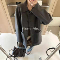 韩系高级感翻领中长款皮衣一2025秋季新款小众设计感外套女R8065
