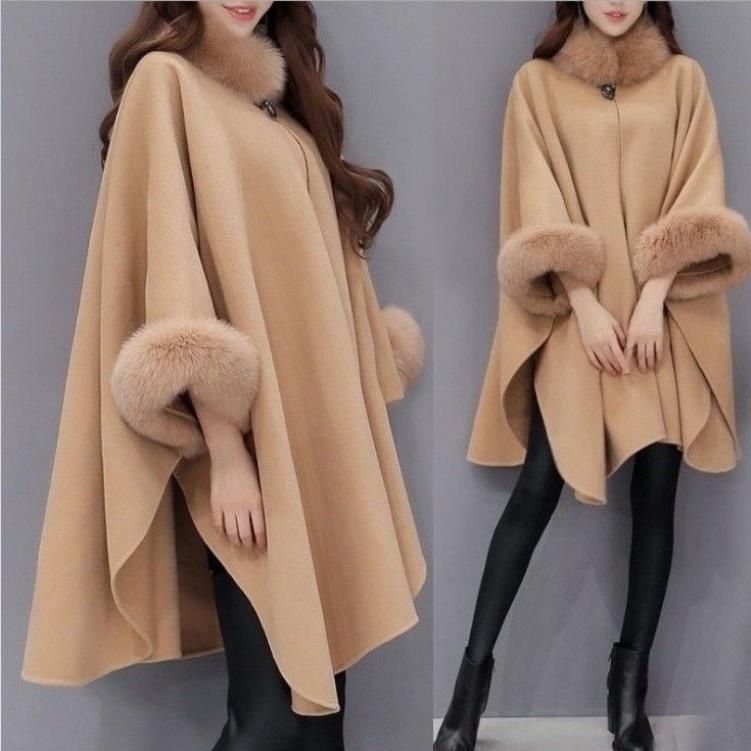 Luxury Rabbit Fur Collar Cape Coat - Elegant Mid-Length Wool Blend, Sleeveless Batwing Design, Timeless Audrey Hepburn Style_voghion.com
