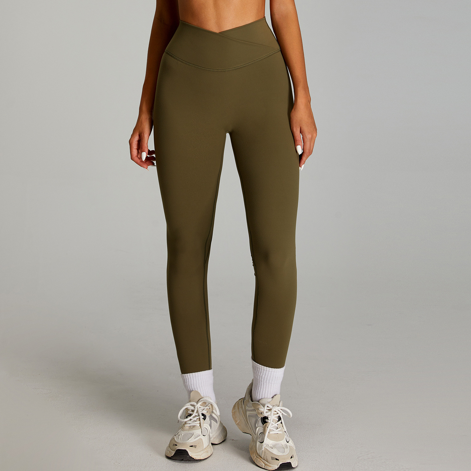 Pantalones deportivos de cintura alta desnudos transfronterizos, pantalones deportivos ajustados de secado rápido para mujer, cintura cruzada, abdomen, caderas, pantalones de yoga