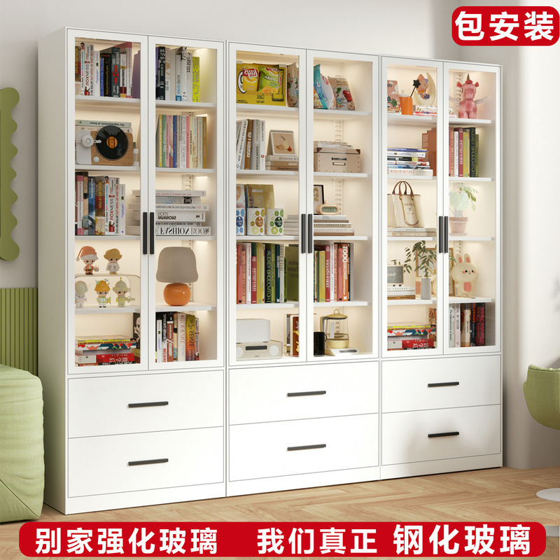 Steel Bookcase with Glass Doors, Home Iron Art Bookshelf Display Cabinet, Living Room Toy Storage Cabinet, Dust-Proof Storage for Children