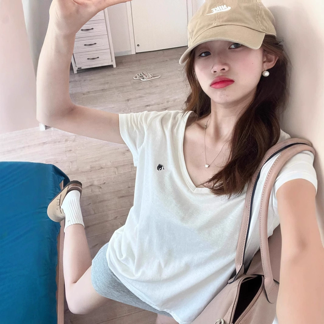 RL Rlaf Po со стандартным V-образным вырезом футболка с короткими рукавами женская хлопчатобумажная американская тонкая рубашка с вышивкой летом