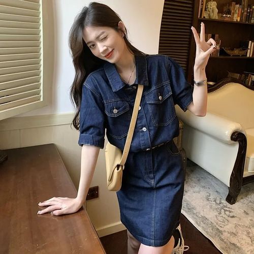 Short-sleeved denim dress for women in summer new loose large size waist-retracting and relaxing casual and age-reducing temperament skirt