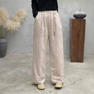 2024 Winter New Dark Pattern Jacquard Women's High Waist Quilted Straight Pants Vintage Women's Thickened Winter Pants