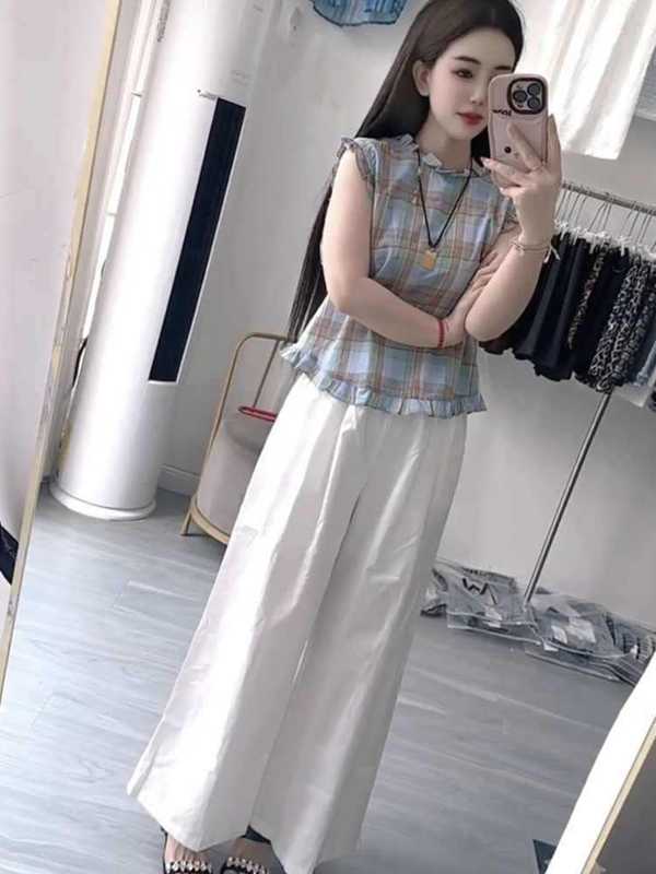 欧洲站时尚减龄套装女2025夏季新款撞色格子木耳边无袖小衫阔腿裤|undefined