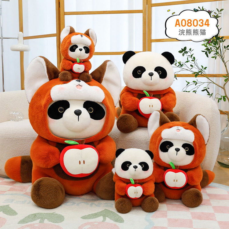 Dibujos animados oso grupo de juguetes de peluche panda transformado en pequeño mapache muñeca infantil para amigos regalo de muñeca de manzana